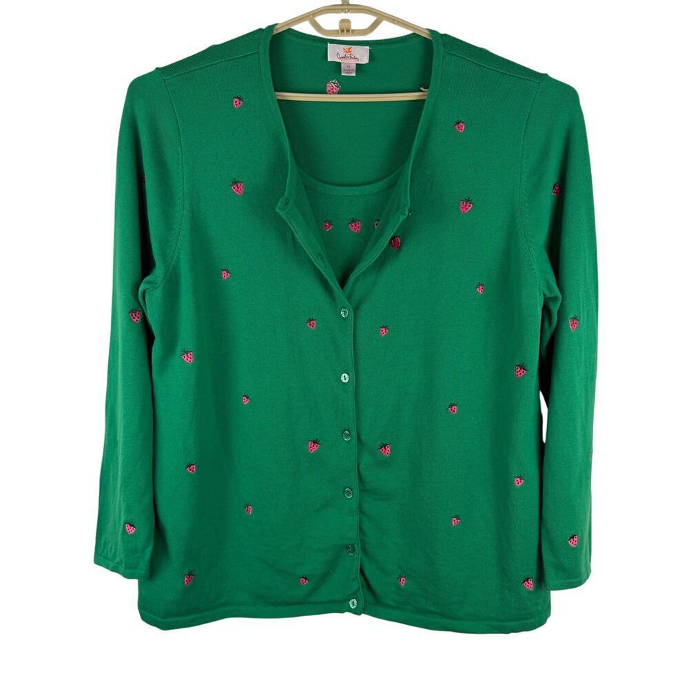 Quacker Factory Kelly Green Twofer Cardigan Tank strawberry Embroidered Size 1X